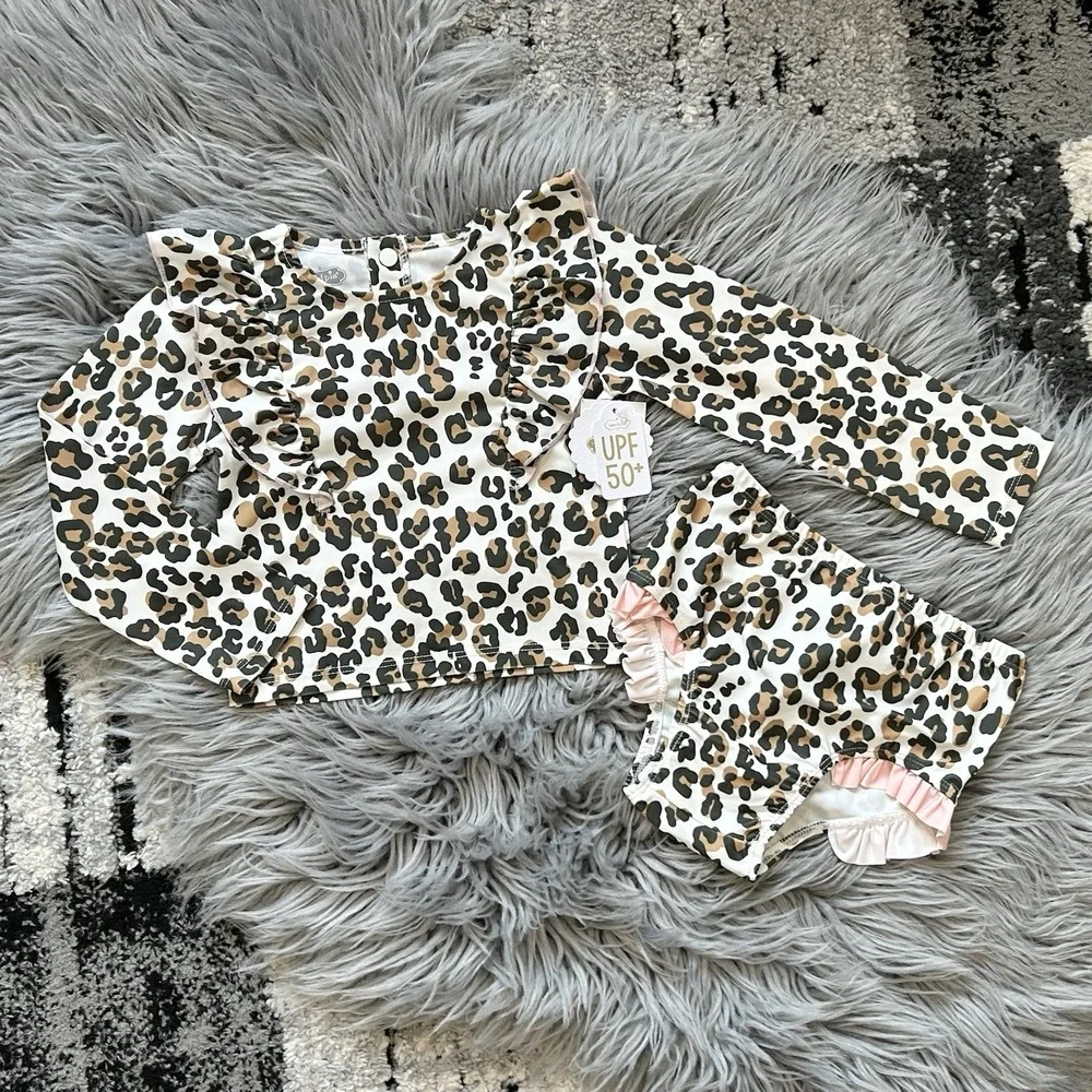 Mud Pie Ruffle Leopard Toddler Rash Guard Swimsuit Set Size 24M/2T